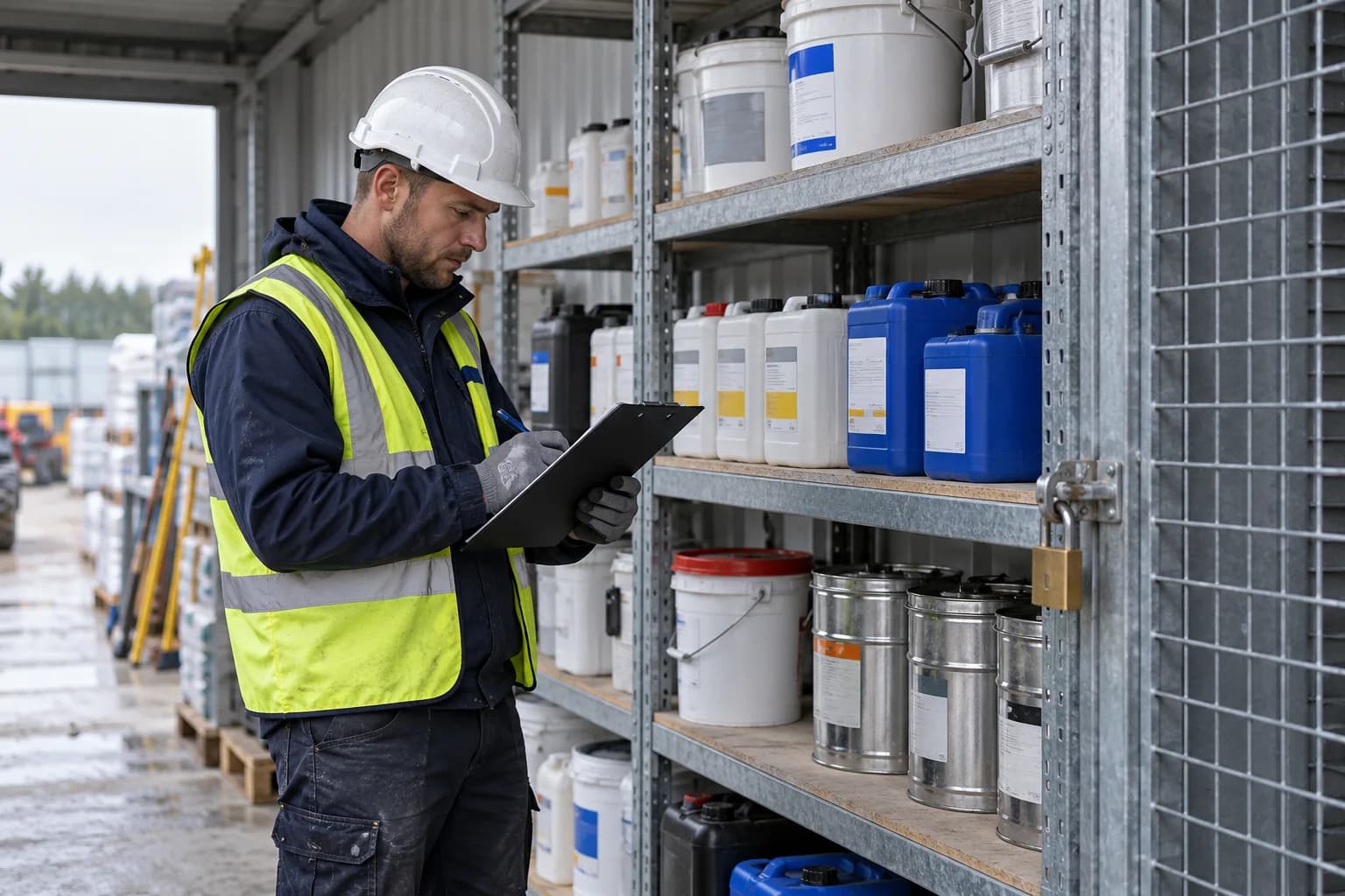 A worker checking records in an organised construction materials store