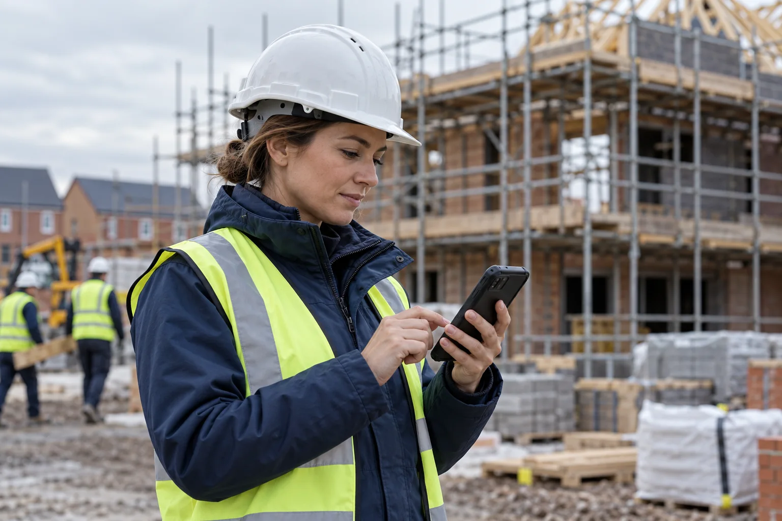 A construction supervisor using a phone on site