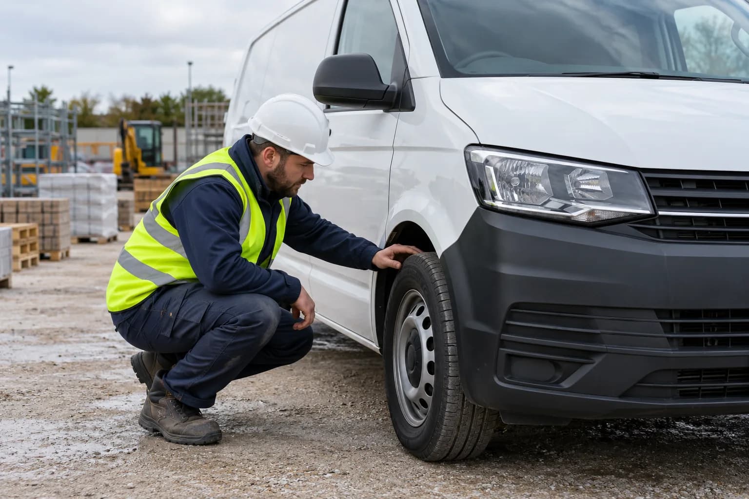 A tradesperson completing an exterior check of a parked work van